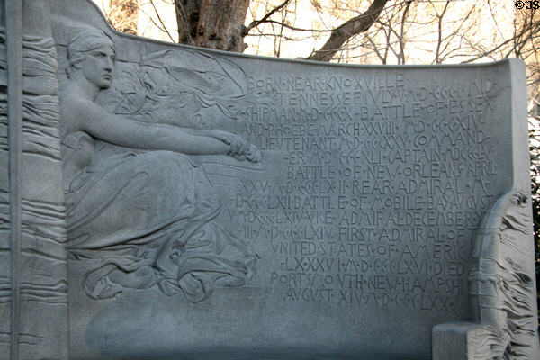 Detail of pedestal of Admiral Farragut Monument with mourning woman & hero's life history. New York, NY.