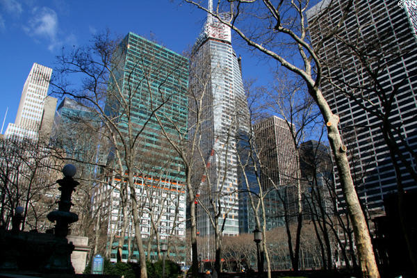 Corner of Bryant Park with 1095 6th Ave., Bank of America, HBO & Grace Towers. New York, NY.
