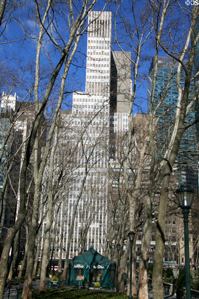 Stepped tower over Bryant Park on 6th Ave. New York, NY.