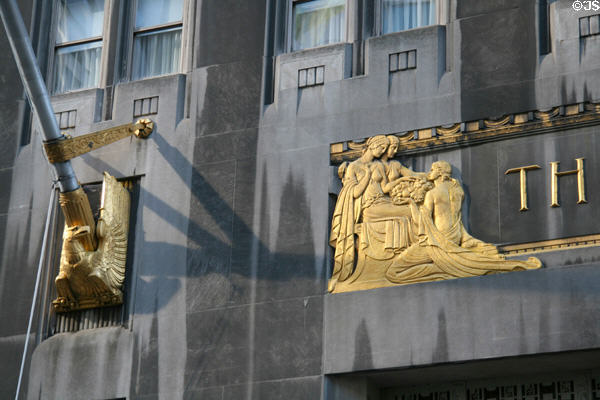 Grecian theme watched by American eagle on facade of Waldorf-Astoria Hotel. New York, NY.