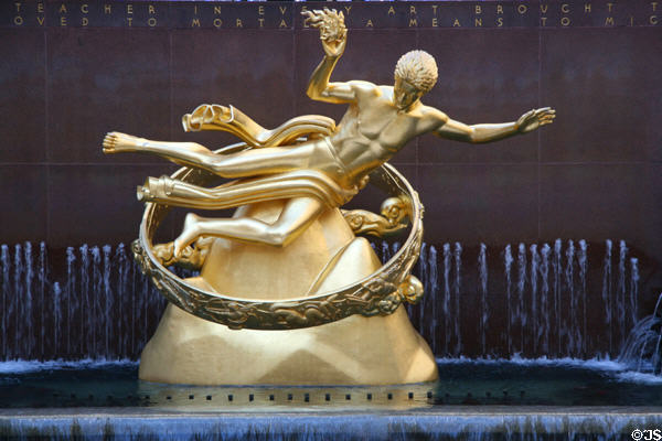 Prometheus sculpture (1934) by Paul Manship at Rockefeller Center Skating Rink. New York, NY.