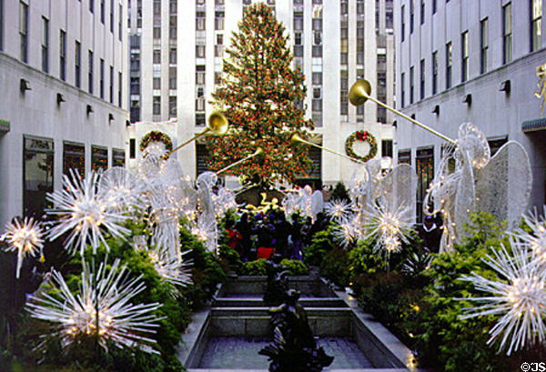Channel Gardens of Rockefeller Center decorated for Christmas. New York, NY.