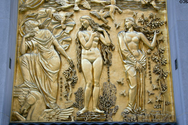 Detail of allegorical figures on Friendship of France & United States relief by Alfred Jannoit over entrance to La Maison Francaise of Rockefeller Center. New York, NY.
