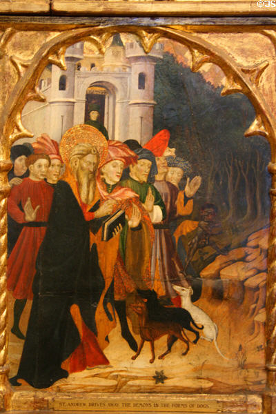 St Andrew drives away demons in forms of dogs detail from Life of St Andrew Retable at The Cloisters. New York, NY.