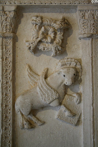 Limestone relief of winged bull of St Luke (c1180) from San Vittorino, Italy at The Cloisters. New York, NY.