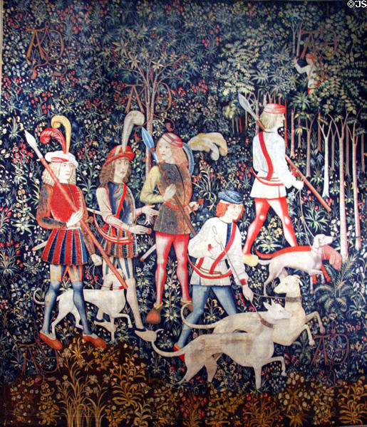 Hunters Enter the Woods from the Unicorn Tapestry series (1495-1505) made in The Lowlands at The Cloisters. New York, NY.