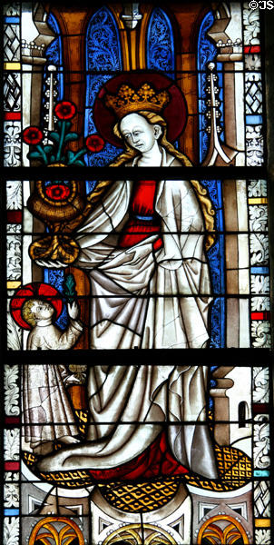 St Dorothea with Christ child & roses stained glass (c1440) from the church at Boppard-am-Rhein at The Cloisters. New York, NY.