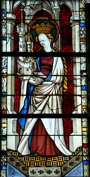 St Barbara with tower of martyrdom stained glass (c1440) from the church at Boppard-am-Rhein at The Cloisters. New York, NY.