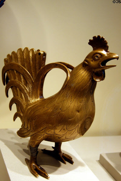 Rooster-shaped copper aquamanile (c1200) from Northern Germany at The Cloisters. New York, NY.