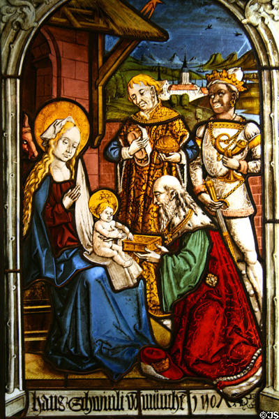 Adoration of Magi stained glass window (1507) from Munich at The Cloisters. New York, NY.