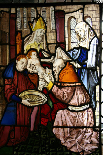 Circumcision stained glass window (1460-70) from Cologne at The Cloisters. New York, NY.