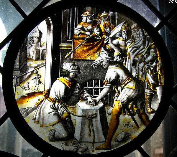 Martyrdom of St Jacobus Intercisus stained glass window (c1520) from Leiden at The Cloisters. New York, NY.