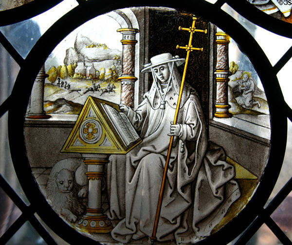 St Jerome stained glass window (c1520) from Brussels at The Cloisters. New York, NY.