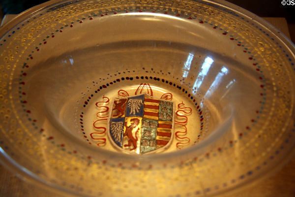 Venetian blown-glass bowl with enamel coat-of-arms (early 16thC) at The Cloisters. New York, NY.