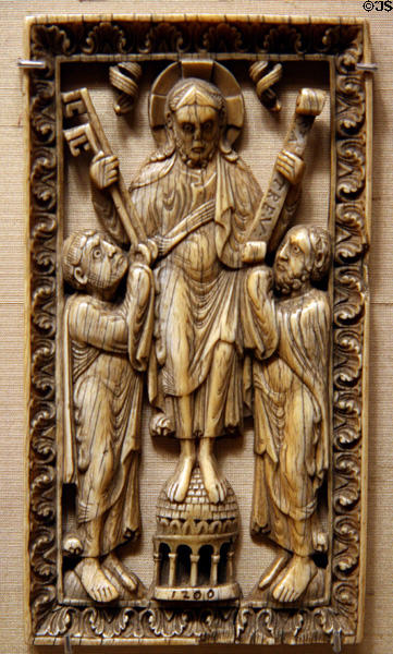Ivory plaque of Christ giving keys to St Peter & Law to St Paul (1200) from Westphalia, Germany at The Cloisters. New York, NY.