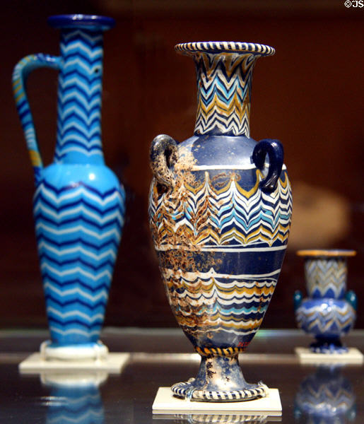 Glass vessels from Egypt (c1353-36 BCE) during reign of Akhenaton at Metropolitan Museum of Art. New York, NY.
