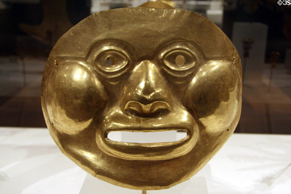 Hammered gold funerary mask from Llama (Calima) culture, Colombia (5th-1stC BCE) at Metropolitan Museum of Art. New York, NY.