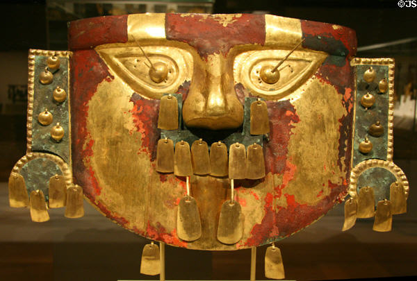 Lambayeque hammered gold funerary mask (9th-11thC) from Peru at Metropolitan Museum of Art. New York, NY.