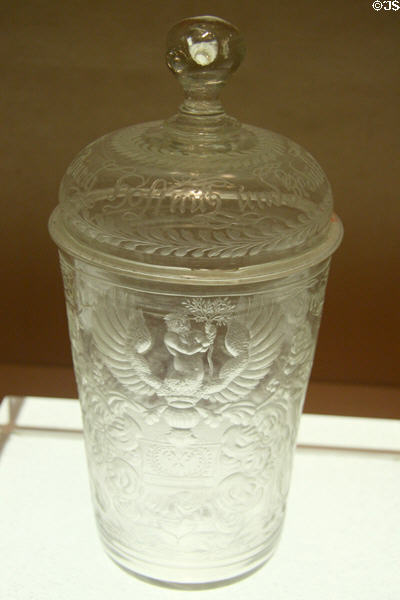 Bohemian ground-glass covered beaker (c1690) at Metropolitan Museum of Art. New York, NY.