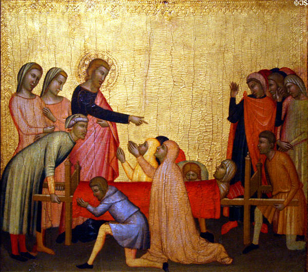 St John the Evangelist raises Satheus to Life painting (c1370) by Francescuccio Ghissi at Metropolitan Museum of Art. New York, NY.