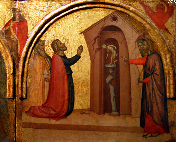 St John the Evangelist causes a pagan temple to collapse painting (c1370) by Francescuccio Ghissi at Metropolitan Museum of Art. New York, NY.