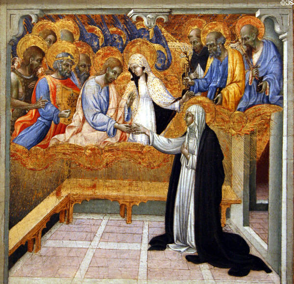 Miraculous Communion of St. Catherine of Siena tempera painting (c1460) by Giovanni di Paolo from Siena at Metropolitan Museum of Art. New York, NY.