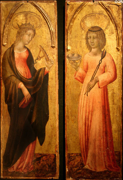 St Catherine of Alexandria & St Agatha tempera painting (1463) by Giovanni di Paolo from Siena at Metropolitan Museum of Art. New York, NY.