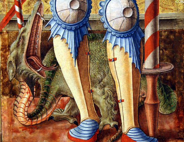 Detail of dragon at feet of St George painting (1472) by Carlo Crivelli at Metropolitan Museum of Art. New York, NY.