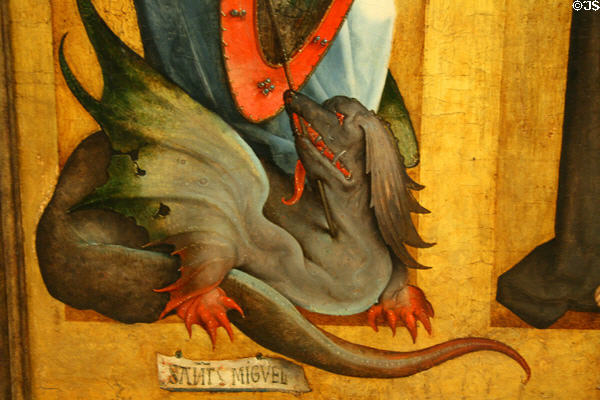 Detail of dragon at feet of St Michael on painting (c1505-9) by Juan de Flandes at Metropolitan Museum of Art. New York, NY.