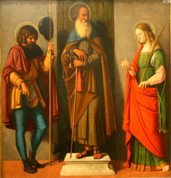 Three Saints: Roch, Anthony Abbot, & Lucy painting (c1513) by Giovanni Battista Cima at Metropolitan Museum of Art. New York, NY.