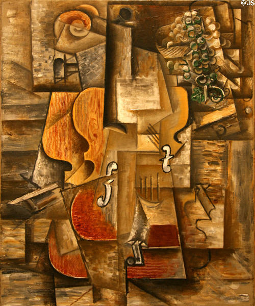 Violin & Grapes (1912) painting in cubist style by Pablo Picasso at MoMA. New York, NY.
