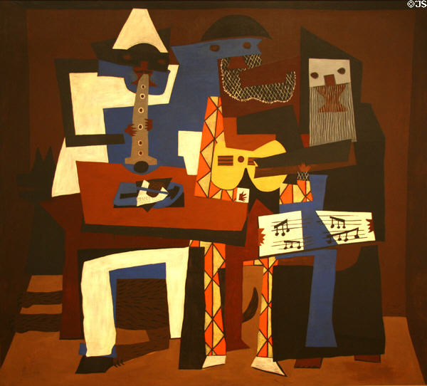 Three Musicians (1921) painting in cubist style by Pablo Picasso at MoMA. New York, NY.
