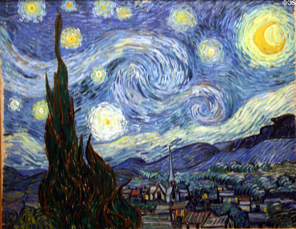 The Starry Night (1889) painting by Vincent van Gogh at MoMA. New York, NY.