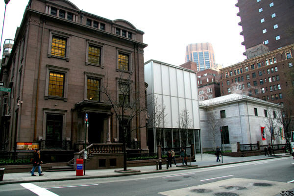 Pierpont Morgan Library with brownstone, Renzo Piano entrance & Charles McKim's Library Renaissance marble building (1903) (33 E. 36th St.). New York, NY. Architect: McKim, Mead & White. On National Register.