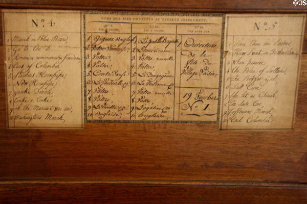 Hand-written playlist of French & American tunes on barrel organ at Mount Vernon Hotel Museum. New York, NY.