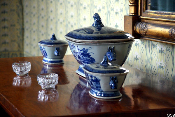 Cantonware tureens & crystal salt cellers (early 19thC) in dining room of Morris-Jumel Mansion. New York, NY.