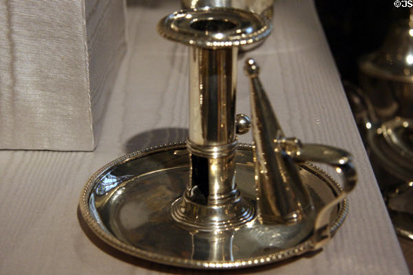 Flat silver candlestick with douter (1814) by Robert Shepherd & William Boyd of Albany at Museum of the City of New York. New York, NY.