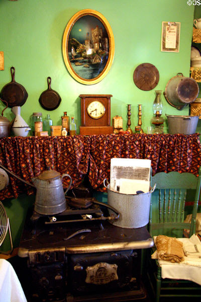 Kitchen stove & shelf of Lithuanian family (Rogarshevsky Apartment 1901) at Tenement Museum. New York, NY.