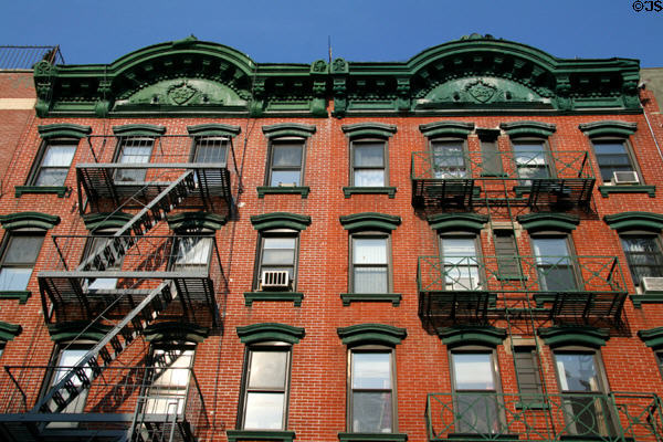 Heritage building with green roofline (1871) (29 Orchard St.). New York, NY.