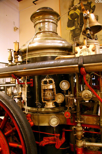 Gauges & boiler of Metropolitan Steamer (1912) modified to be pulled by gasoline tractor at New York Fire Museum. New York, NY.
