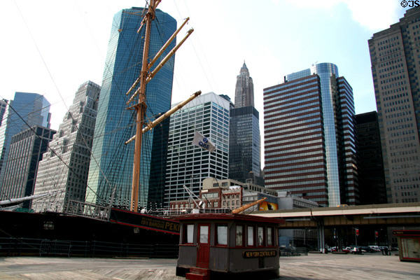 Highrises along South Street over museum ships of South Street Seaport Museum. New York, NY.