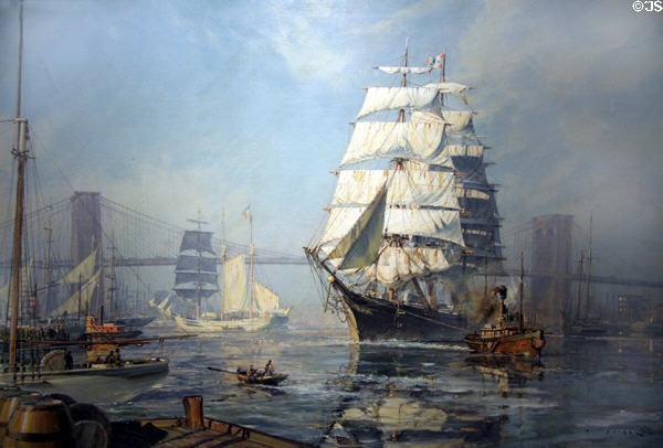 Henry B. Hyde painting of tall ships before Brooklyn Bridge by John Stobard at South Street Seaport Museum. New York, NY.