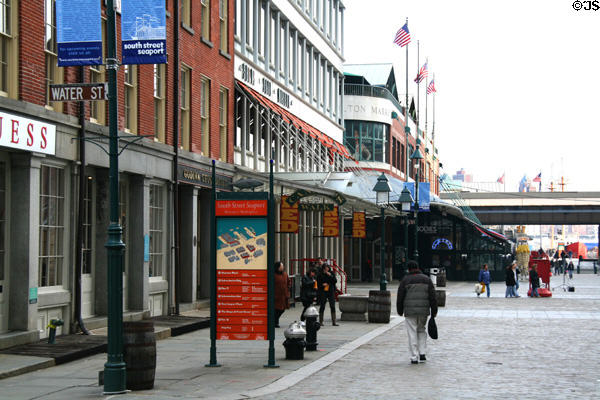 Streetscape along Fulton St. at South Street Seaport marketplace. New York, NY.