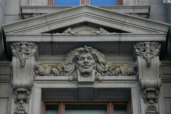 Sculpted African head on facade of U.S. Custom House. New York, NY.