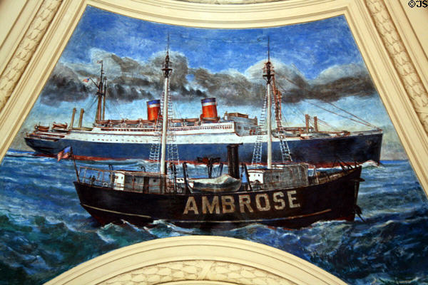 U.S. Ocean Liner passing Lightship Ambrose at mouth of New York harbor on mural (1937) by Reginald Marsh in U.S. Custom House Rotunda. New York, NY.
