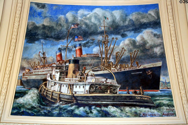 Ocean Liner Washington passes Calumet in New York harbor on mural (1937) by Reginald Marsh in U.S. Custom House Rotunda. New York, NY.