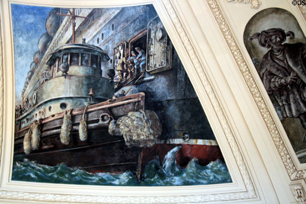 Ocean Liner boarded by government officials in New York harbor on mural (1937) by Reginald Marsh in U.S. Custom House Rotunda. New York, NY.