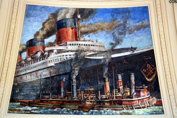 Ocean Liner Normandie is pushed to pier by tugs in New York harbor on mural (1937) by Reginald Marsh in U.S. Custom House Rotunda. New York, NY.