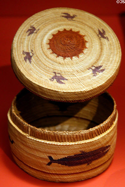 Makah basket & cover with birds & whales (c1900) at National Museum of American Indian. New York, NY.