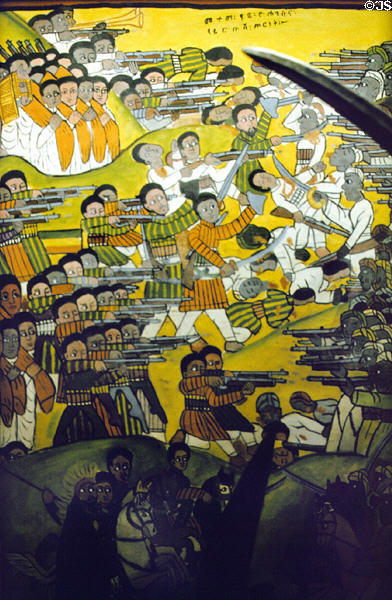 Battle scene from Ethiopian scroll on canvas at Museum of Natural History. New York, NY.